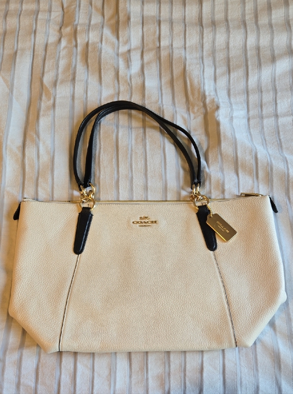 Coach Cream Leather Shoulder Tote with Black Handles and Gold Hardware